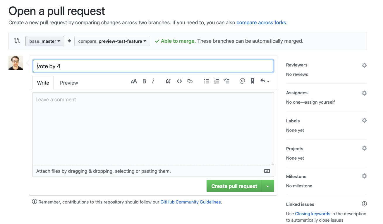 Screenshot of pull request creation page