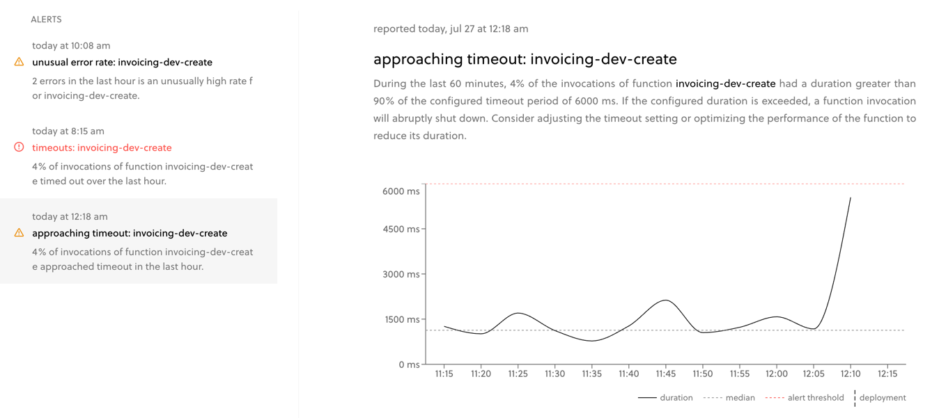 Screen shot: alerts feed & details tab - approaching timeout alert