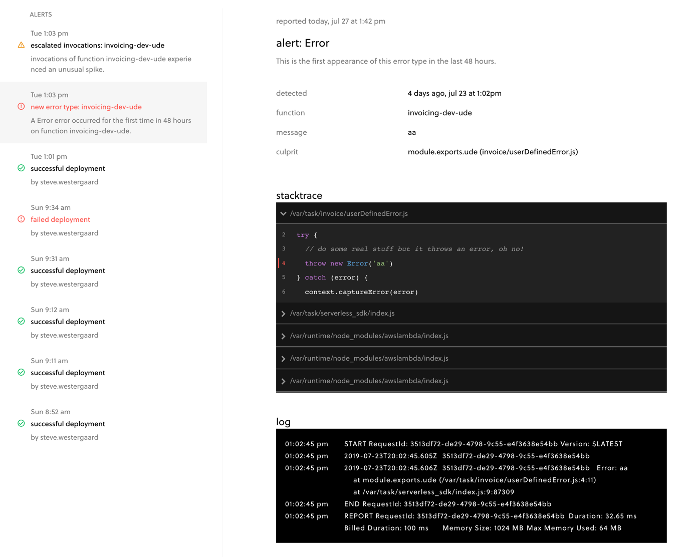 Screen shot: alerts feed & details tab - new error identified