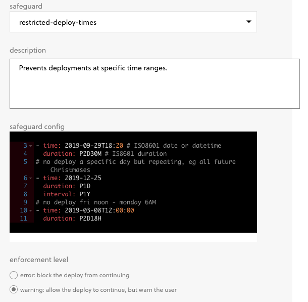 Displays the configuration for the deploy times restriction policy
