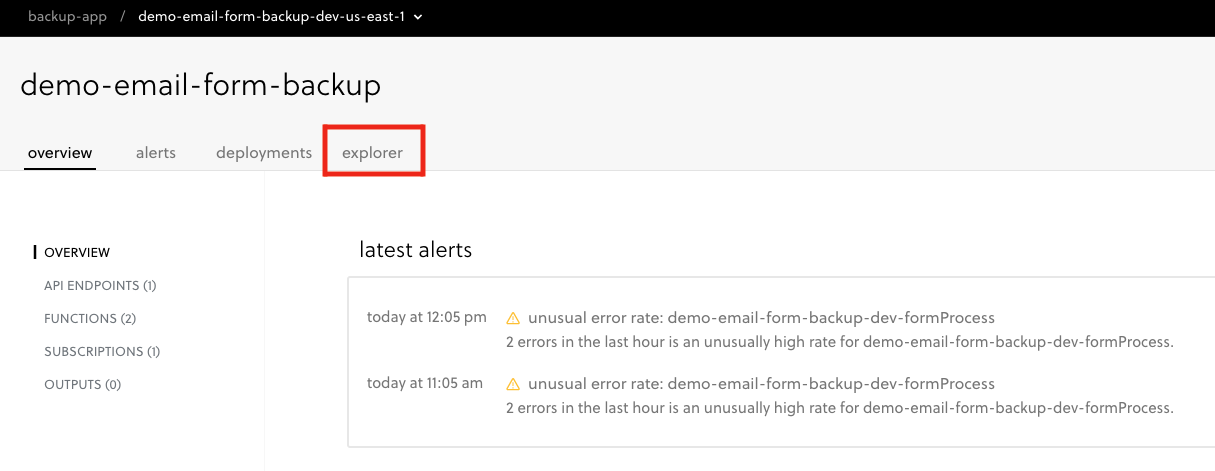 The service view of the Serverless Dashboard with the explorer tab highlighted to click on