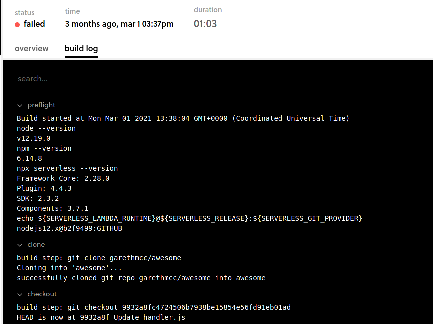 Screenshot of a failed build log in Framework Pro