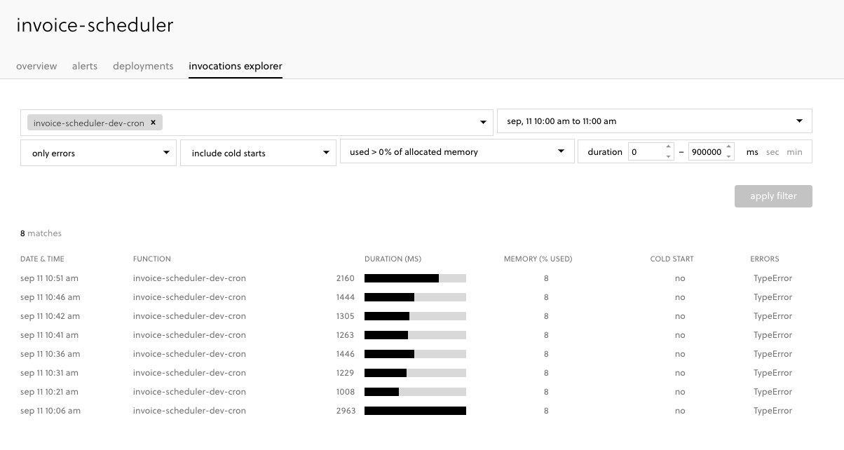 Invocation explorer with filter
