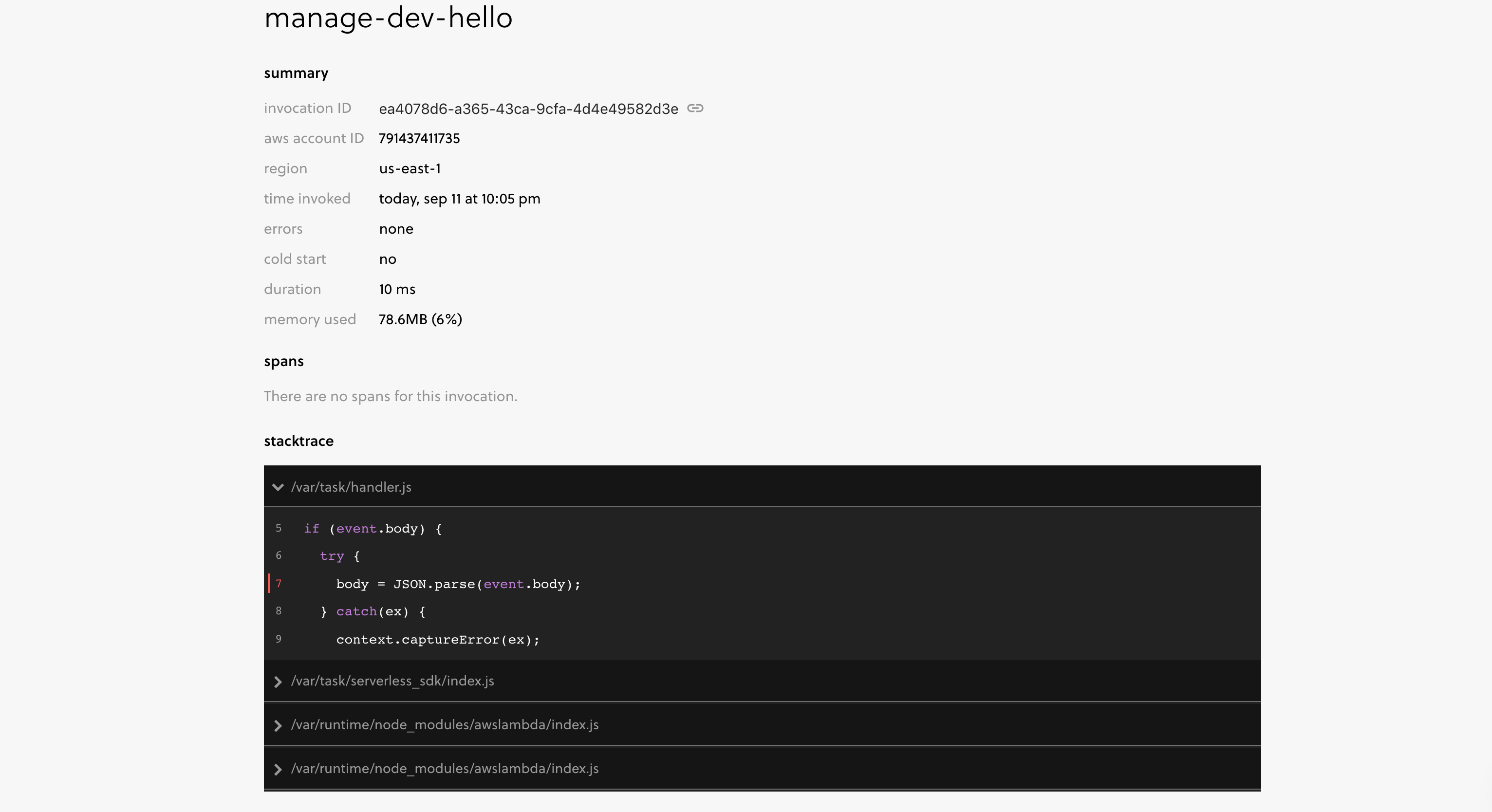 Invocation explorer details with stack trace