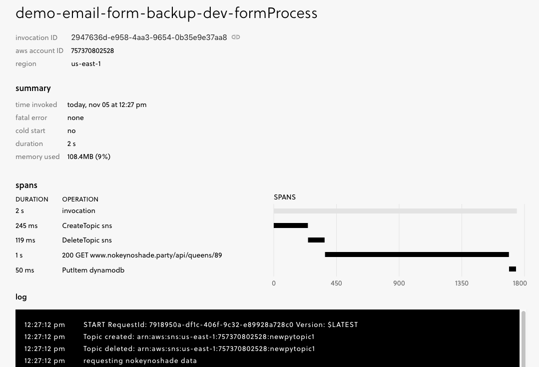 A successful function invocation with a long HTTP span