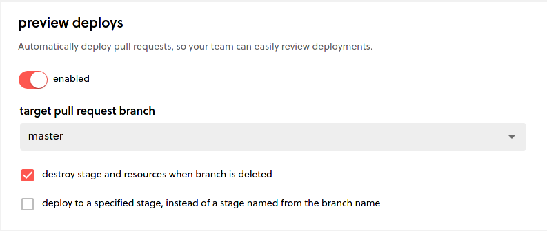 Screenshot of the preview deployment settings