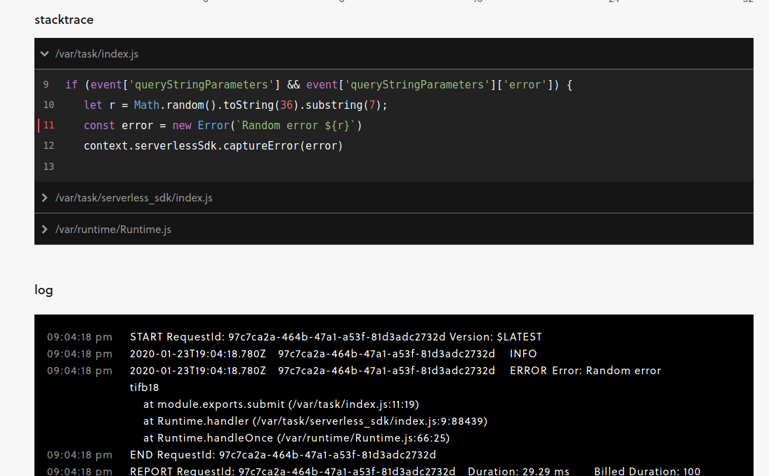 Stack trace and logs